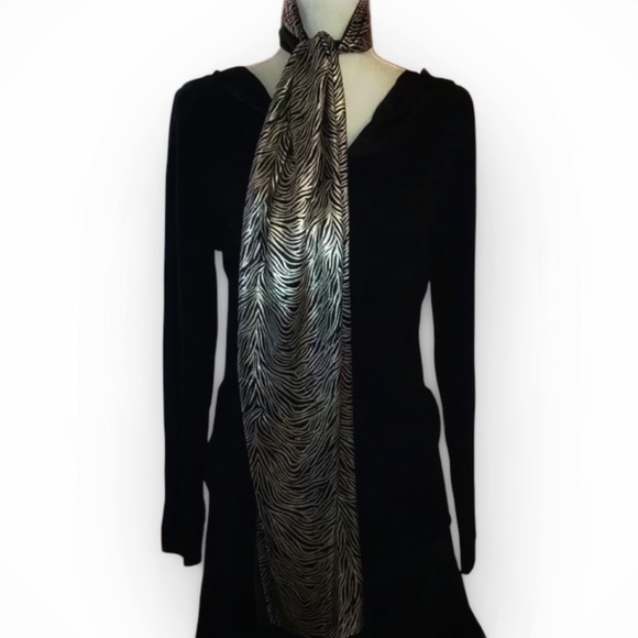 Ladies Elegant & Versatile Zebra Print Silk-Style Scarf -Black w/Silver Stripes - Picture 2 of 5